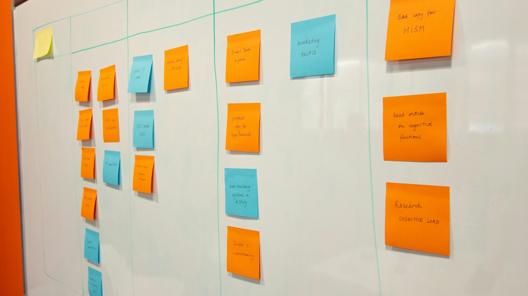 Shopify migration checklist: a whiteboard covered in sticky notes