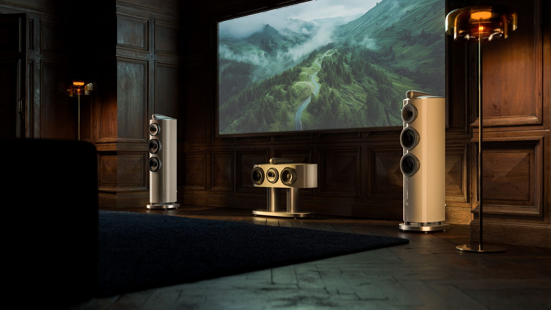 Shopify vs BigCommerce for AV retailers: a warm-toned home cinema room with floor-standing speakers and a projection screen